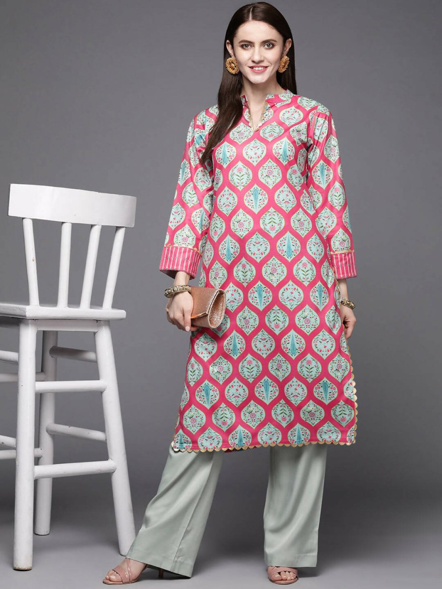 Ahalyaa Women Pink & Sea Green Floral Printed Gotta Patti Velvet Kurta