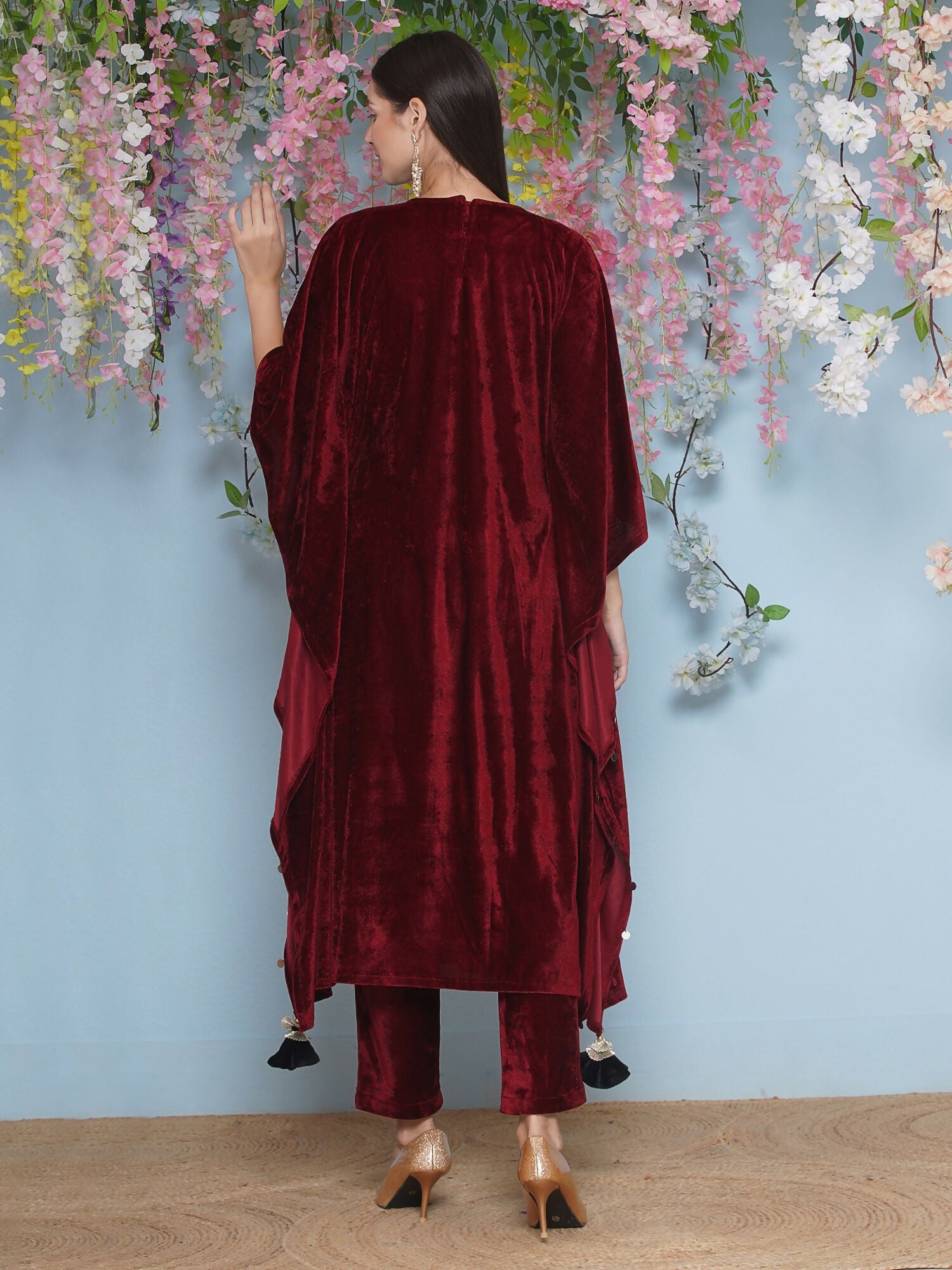 Joban Fashion Maroon Velvet Hand Embellished Kaftaan Set