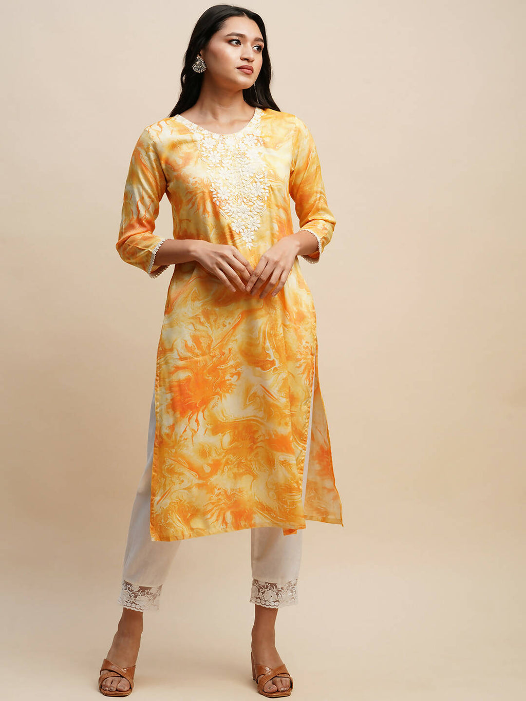 Mustard Poly Rayon Tie dye Printed Straight Kurta - Samira