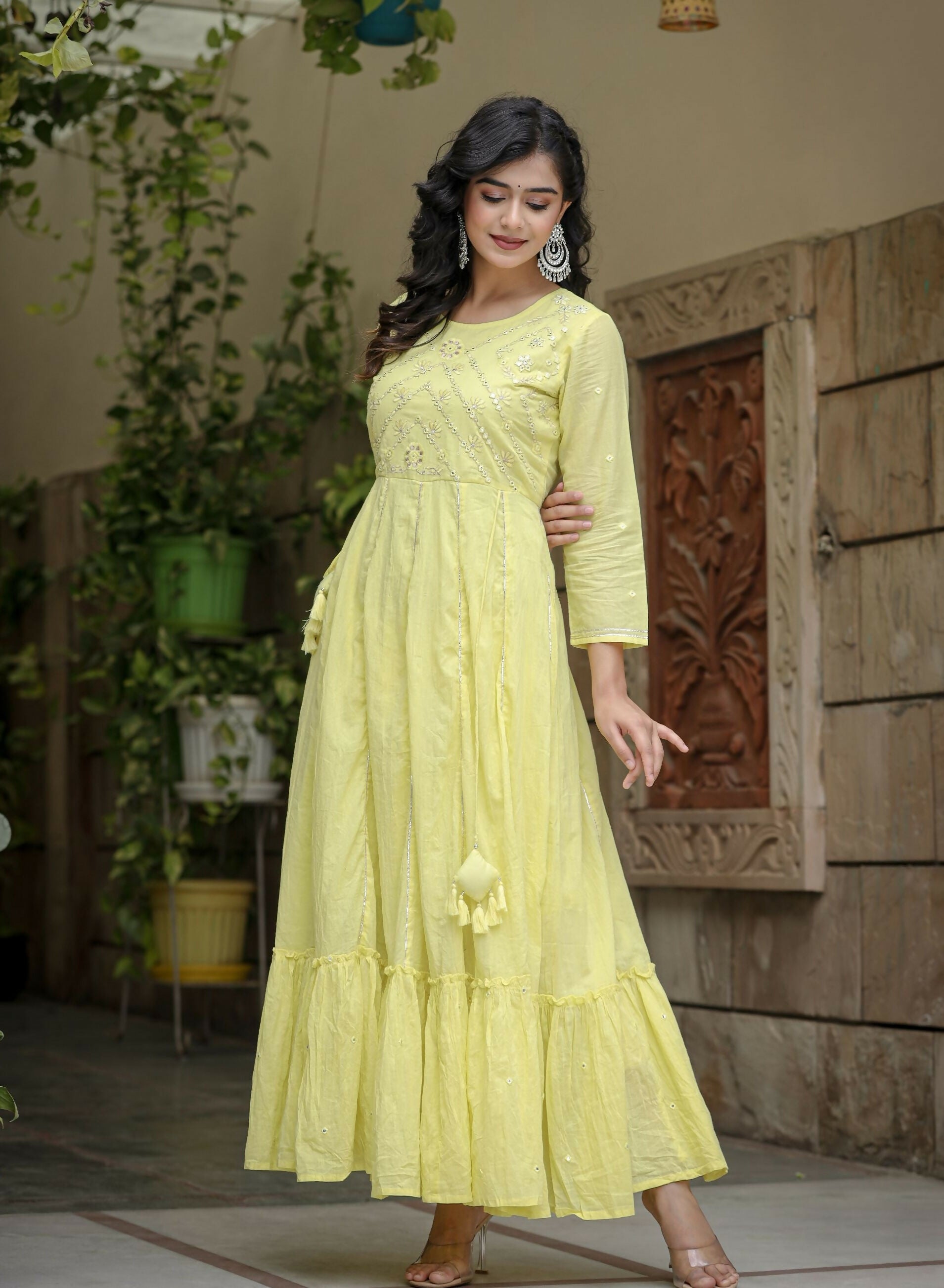 Kaajh Women's Yellow Mirror Embroidered Cotton Dress