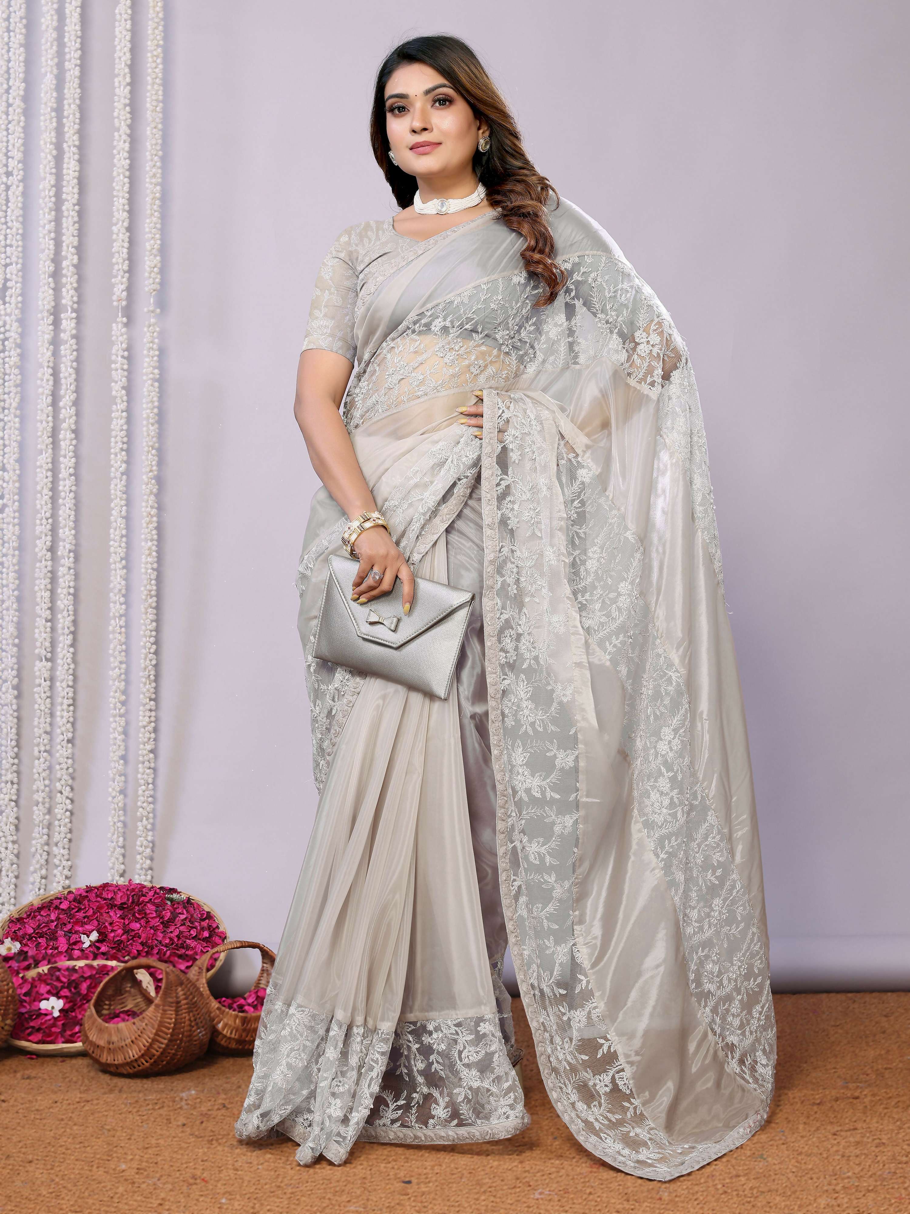 Grey Glass Tissue,Net Embroidered Saree With Stitched Blouse - Nimaya Kaksha