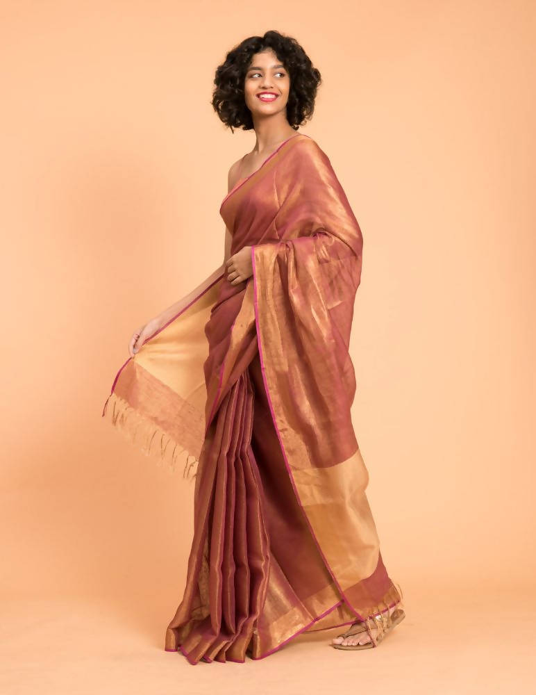 Suta Pink Golden Solid Zari Pure Linen Saree