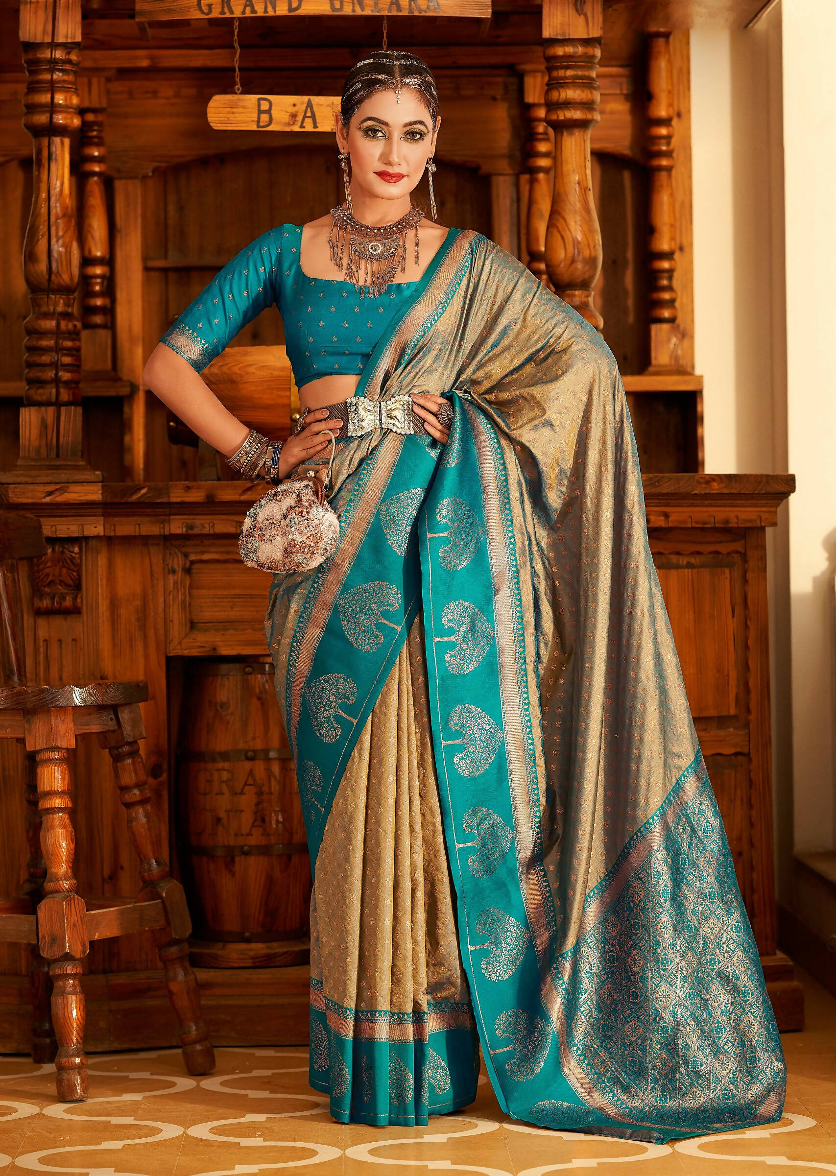 Beige Soft Banarasi Paithani Copper Zari Weaving Saree With Unstitched Blouse Piece - Jodha