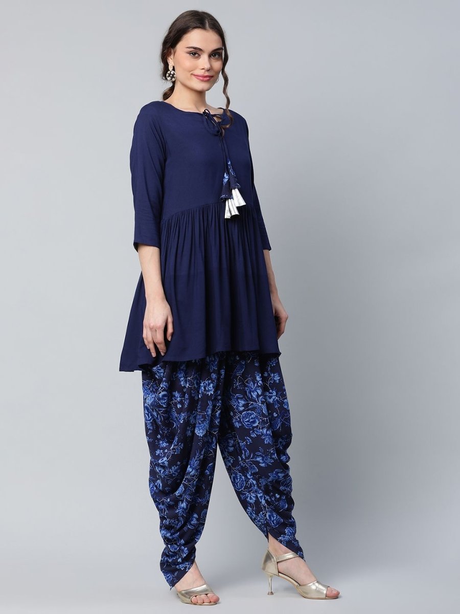 Ahalyaa Women Navy Blue Rayon Floral Empire Kurti with Dhoti Pants
