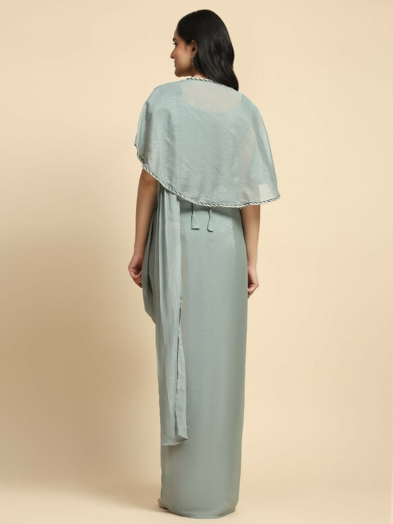 Sea Green Chiffon Solid Ready to wear Saree with stitched Blouse - Aayan