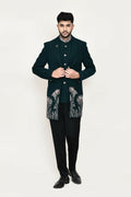 Joban Fashion Green Colored Imported Polyester Fabric Open Prince Coat, Jacket With Pant