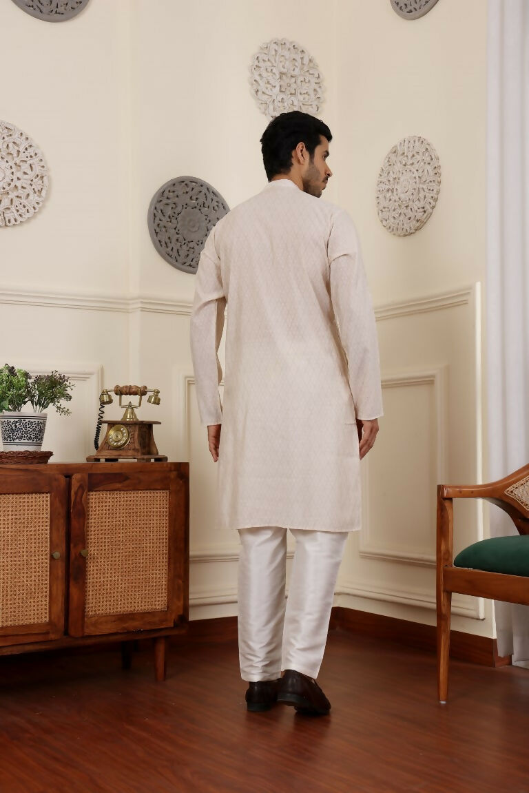 White Modal Silk Woven Designer Men's Rajwadi Kurta Set - Mahotsav