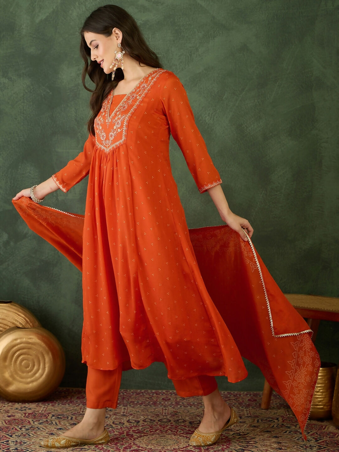 The52 Orange Women's Gorgeous Embroidered Chinon Fabric Flared Kurta Pant and Dupatta Set