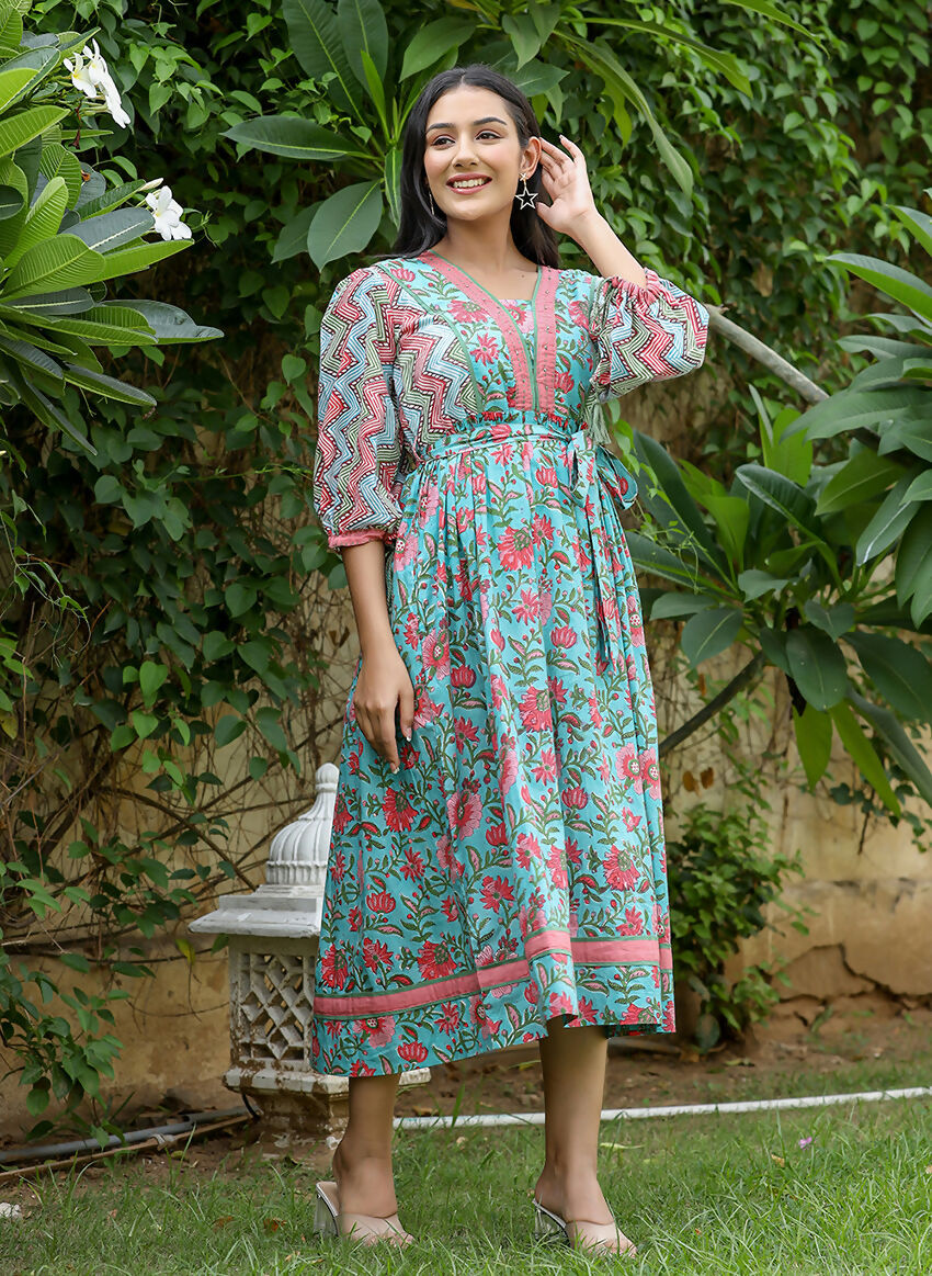 Kaajh Women's Green Hand Block Printed Dress