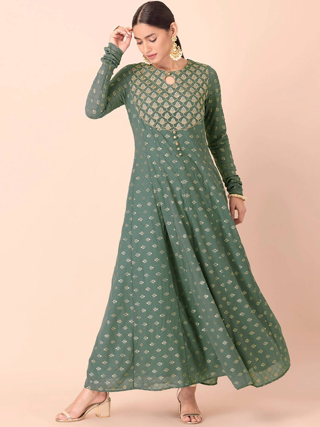 Indya Green & Gold-Toned Ethnic Motifs Printed Georgette Anarkali Kurta