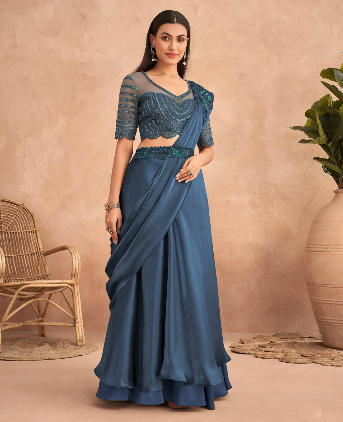 Navy Blue Satin Embroidered Ready To Wear Saree With Unstitched Blouse Piece - Nandika