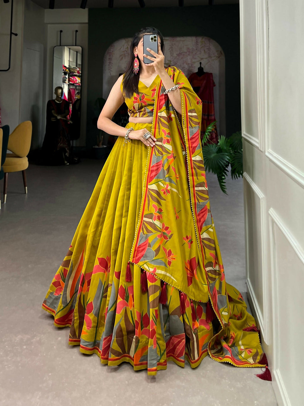 Vastranavya Fancy Floral Print With Foil Work Polyester Viscose Chanderi Lehenga Choli - Mustard
