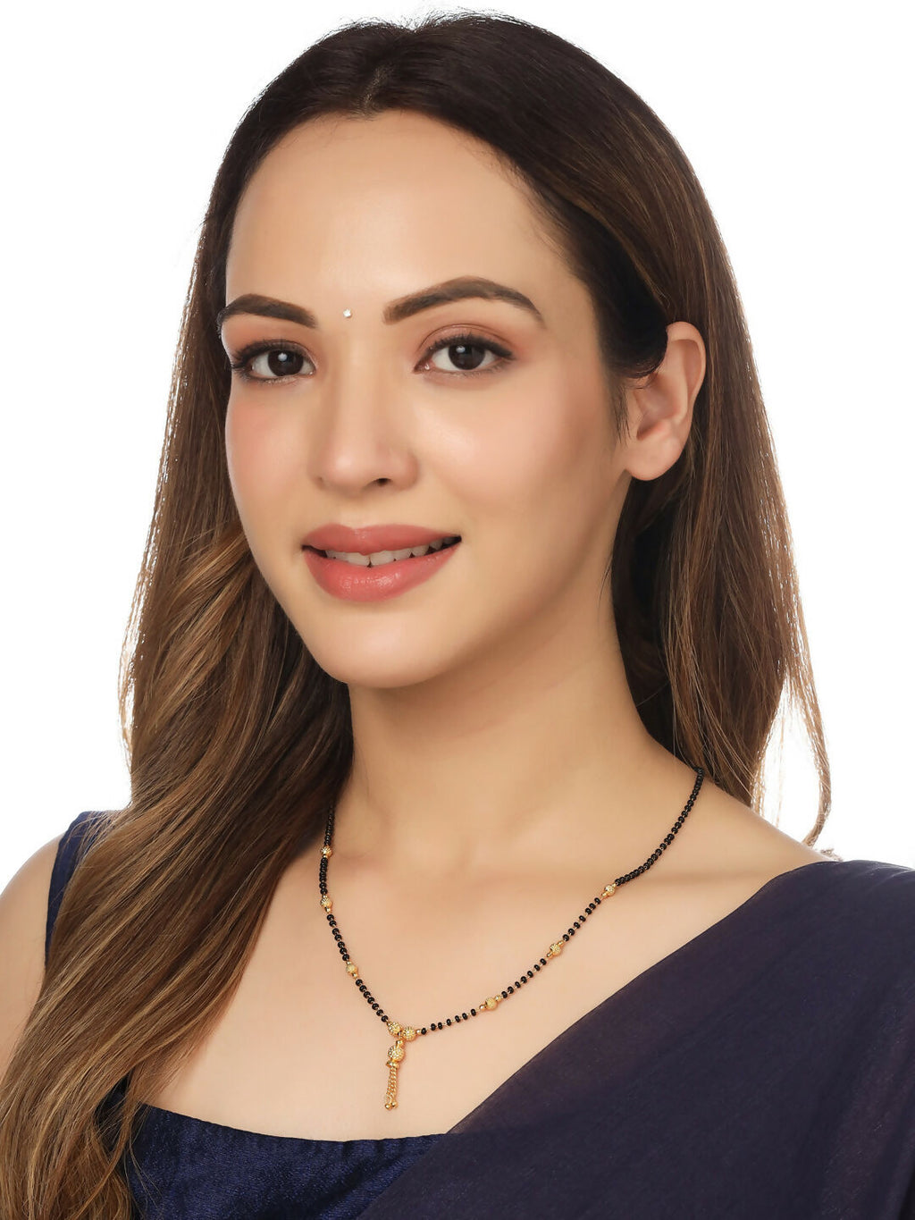 NVR Women's's Set of 2 Black Gold-Polished Beaded Mangalsutra With Ad Stone