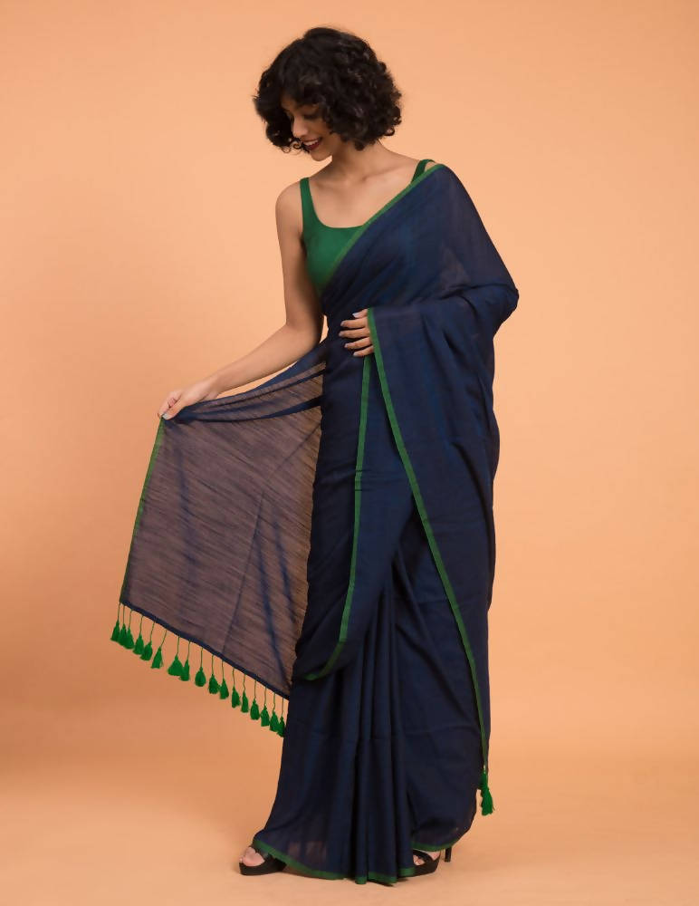 Suta Blue Green Solid Cotton Blend Saree