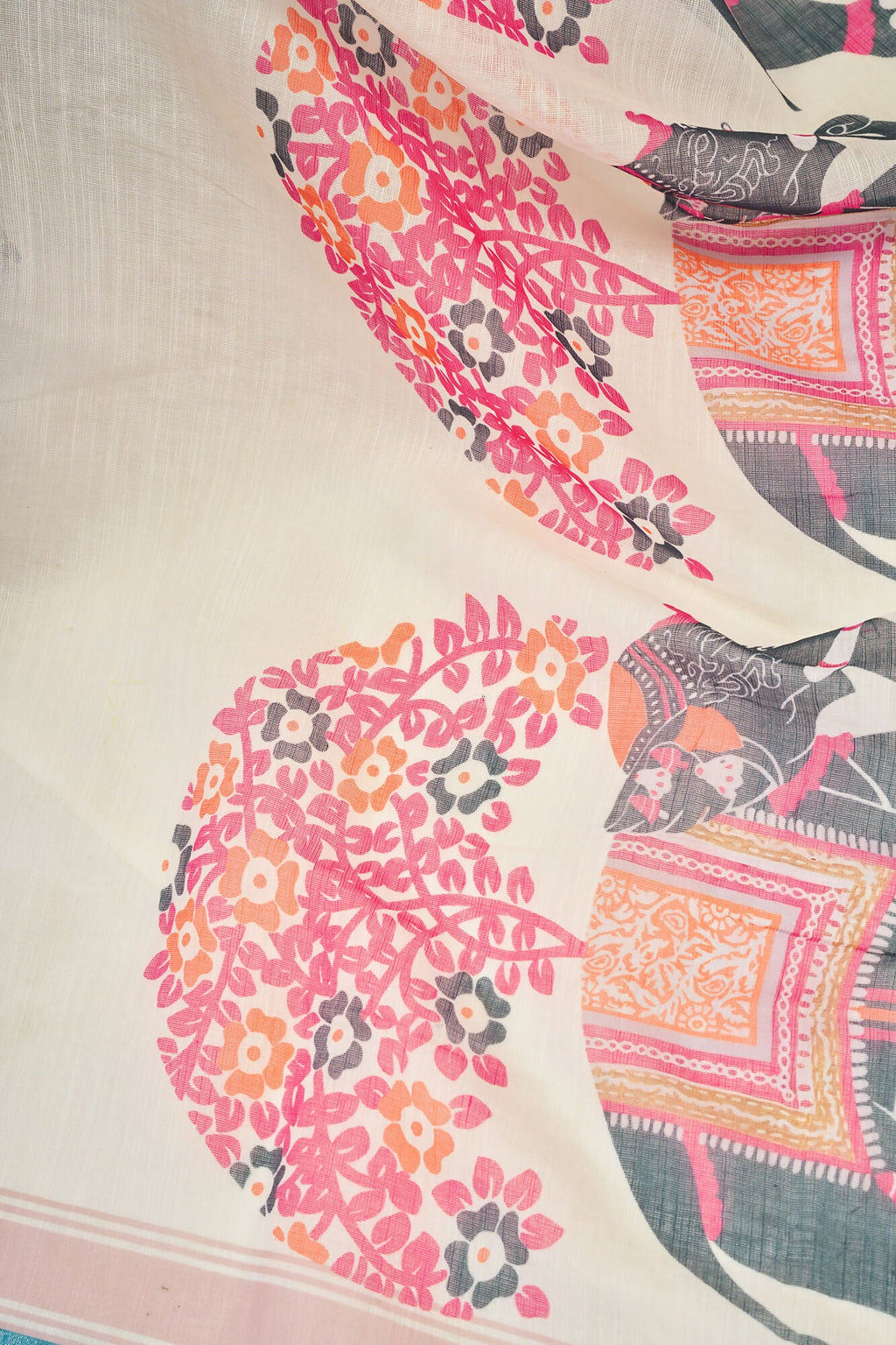 Vastranavya Cream Digital Printed Linen Ready To Wear Designer Saree with Unstitched Blouse