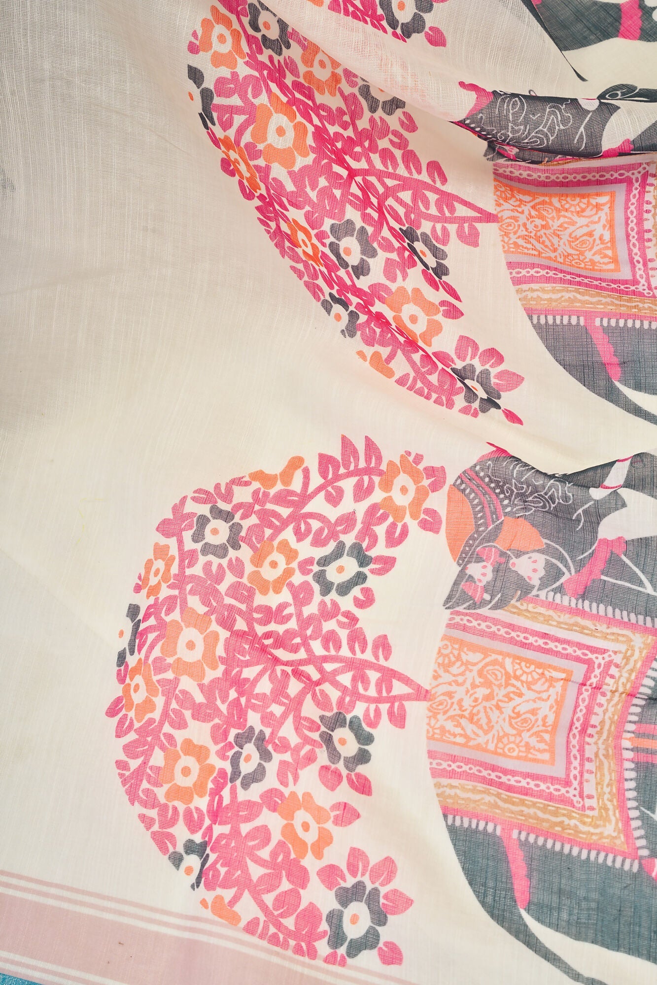 Vastranavya Cream Digital Printed Linen Ready To Wear Designer Saree with Unstitched Blouse