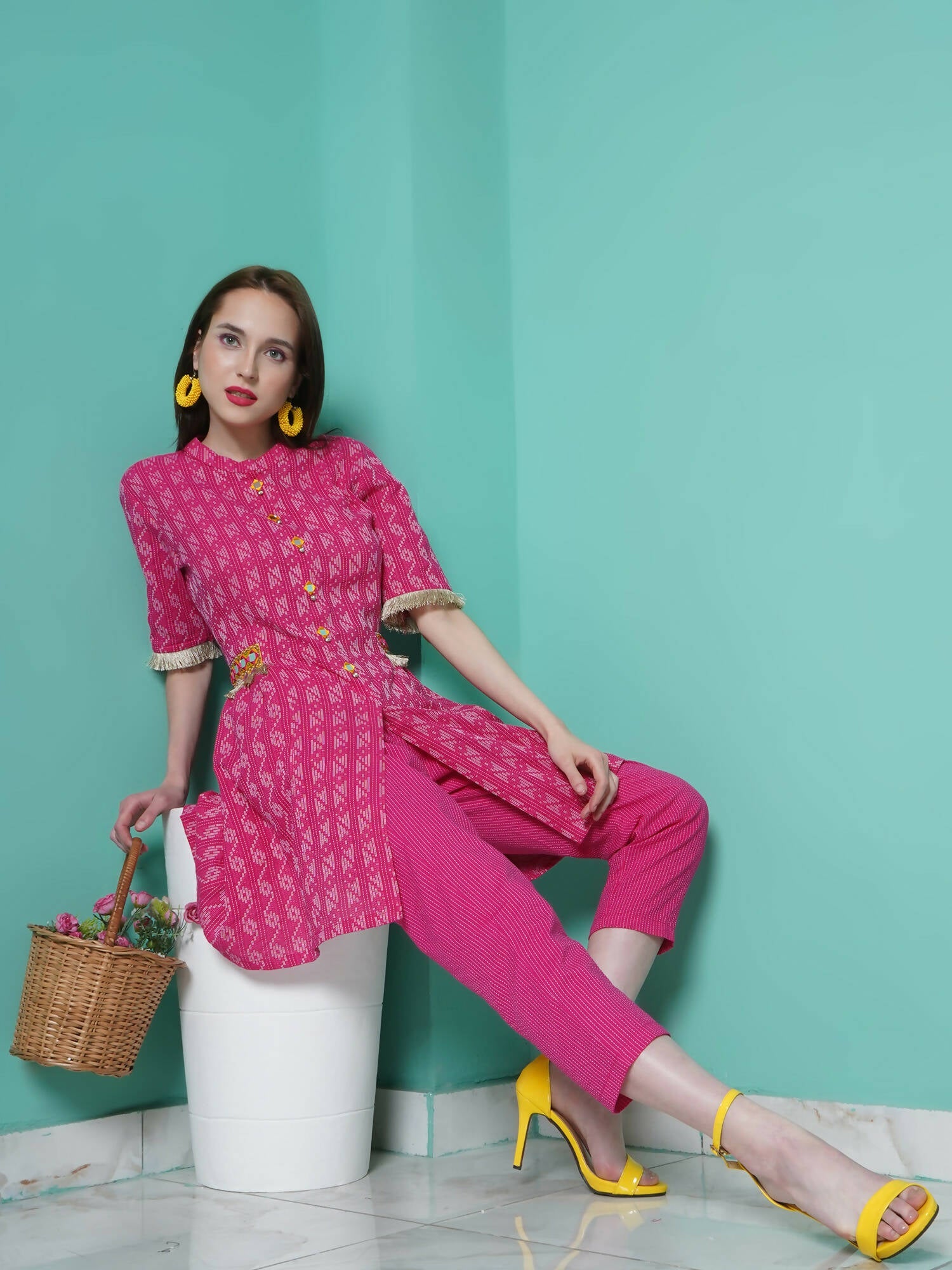 Women Republic Pink Cotton Kantha Kurta Set