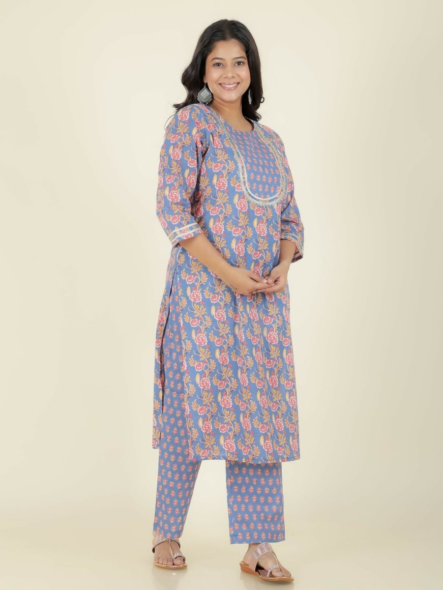 Aramya Straight Soft Cotton Floral Print Women's Kurta - Blue