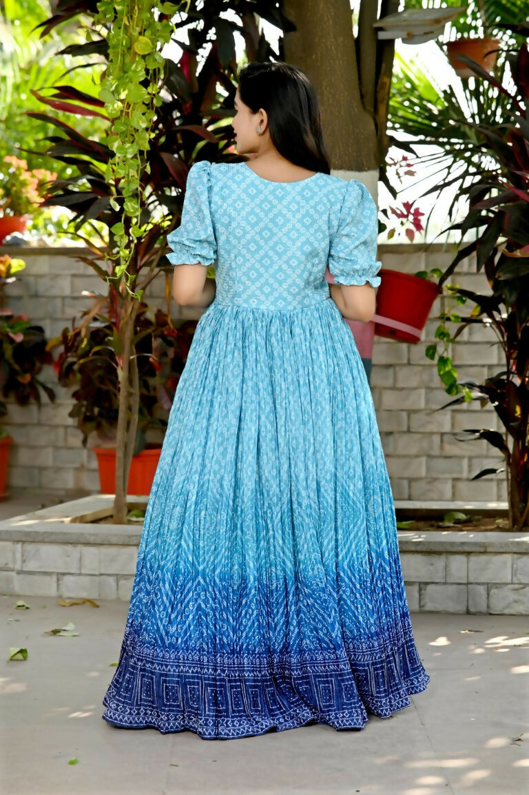 Jyoti Fashion Women's Sky Blue Bandhej Print with Crush Pleating Muslin Anarkali Dress