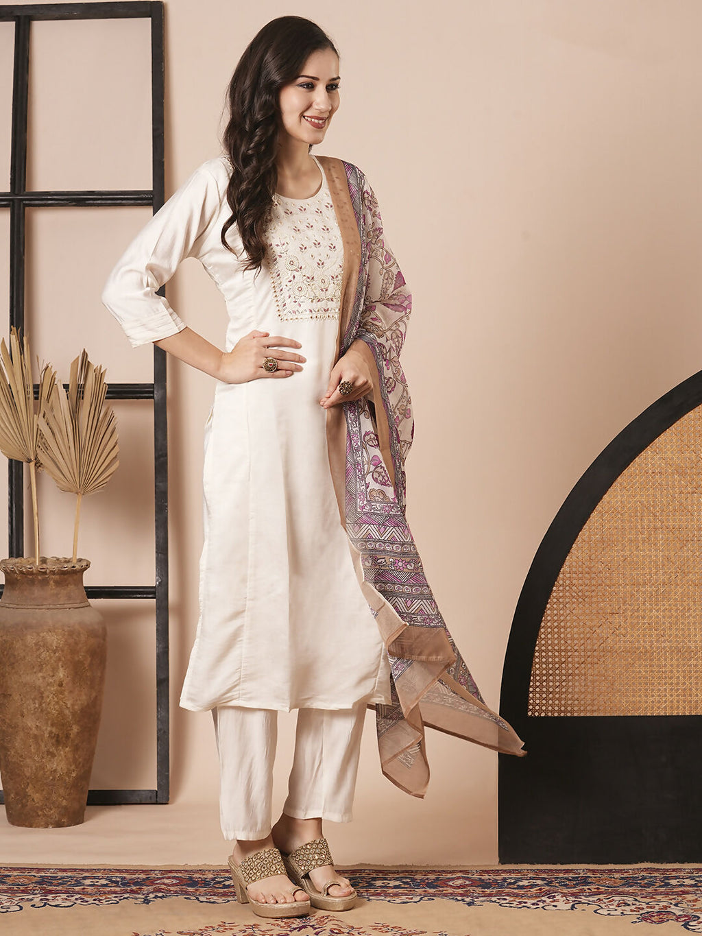 Cream Chanderi Embroidery Work, Printed Kurta Set - Riya