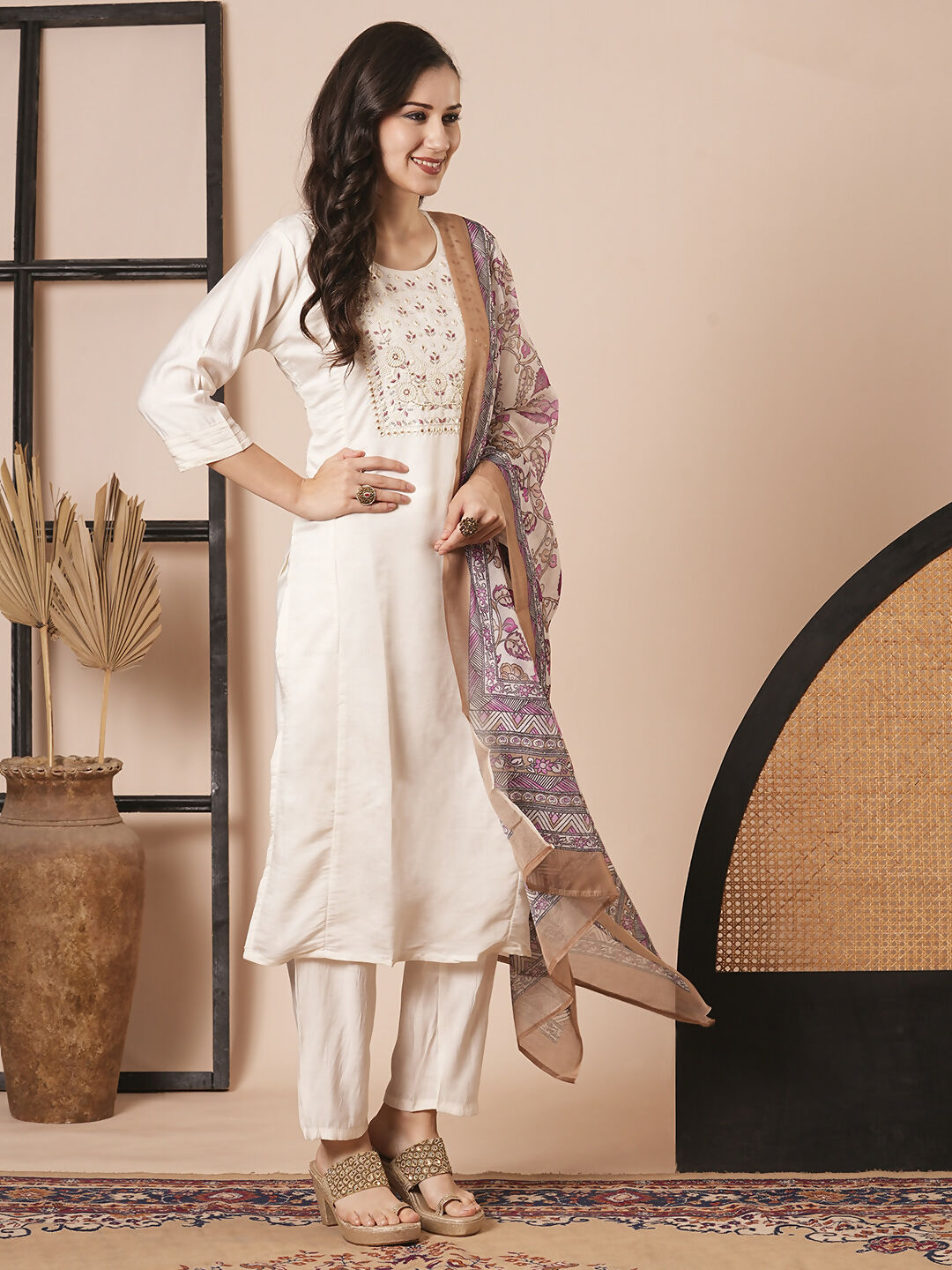 Cream Chanderi Embroidery Work, Printed Kurta Set - Riya