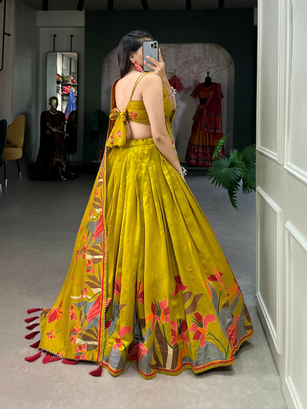 Vastranavya Polyester Viscose Chanderi Lehenga Choli With Intricate Print And Dupatta - Mustard