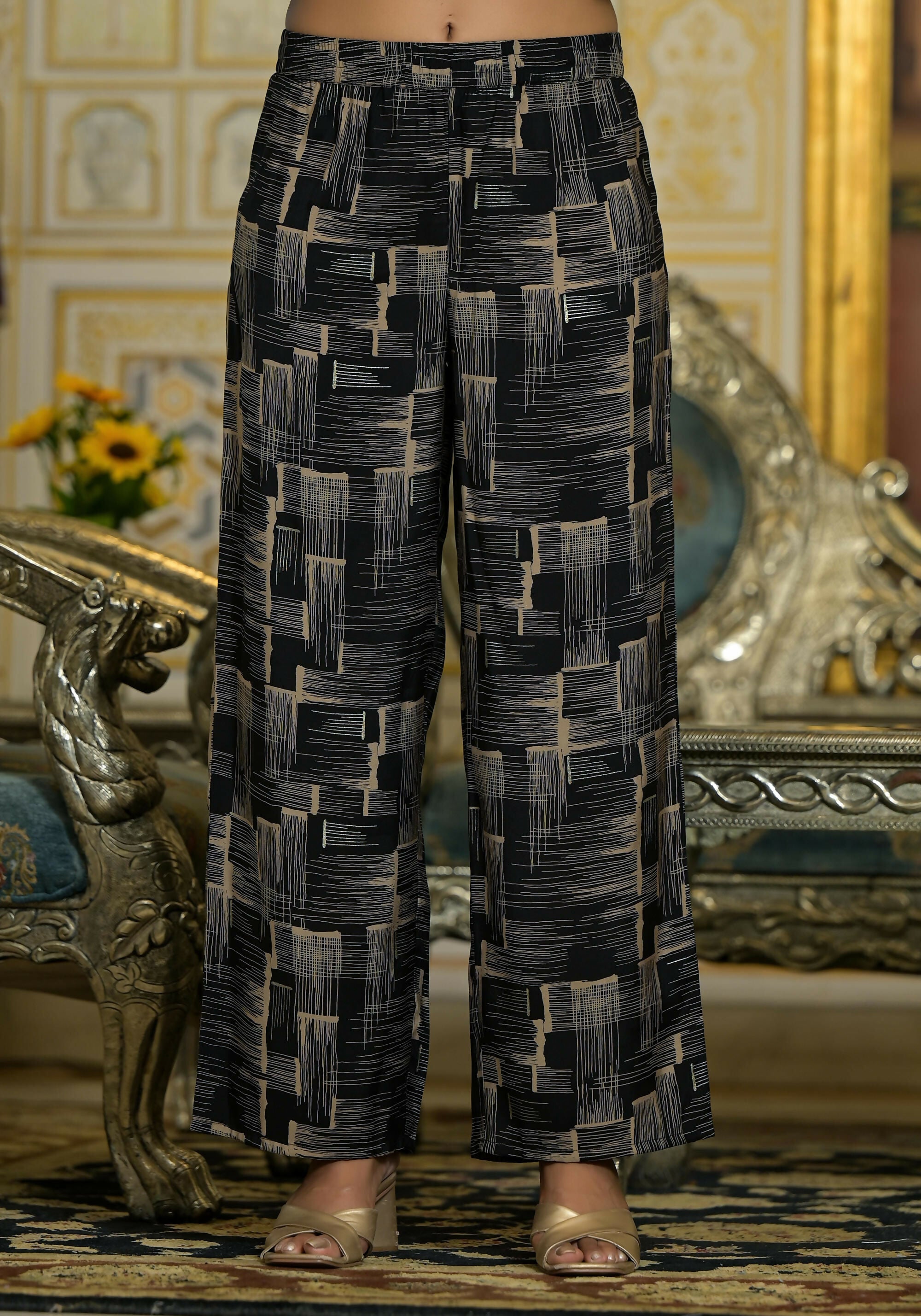 Juniper Women's Black Thread Embroidered Viscose Kurta Pant And Dupatta Set With Abstract Printed Pants