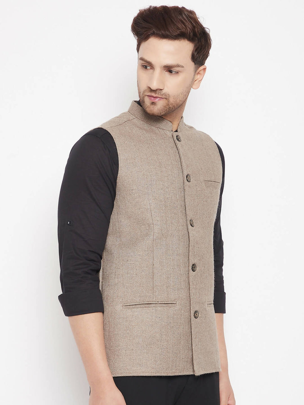 Even Apparels Beige Wool Men Woven Nehru Jacket
