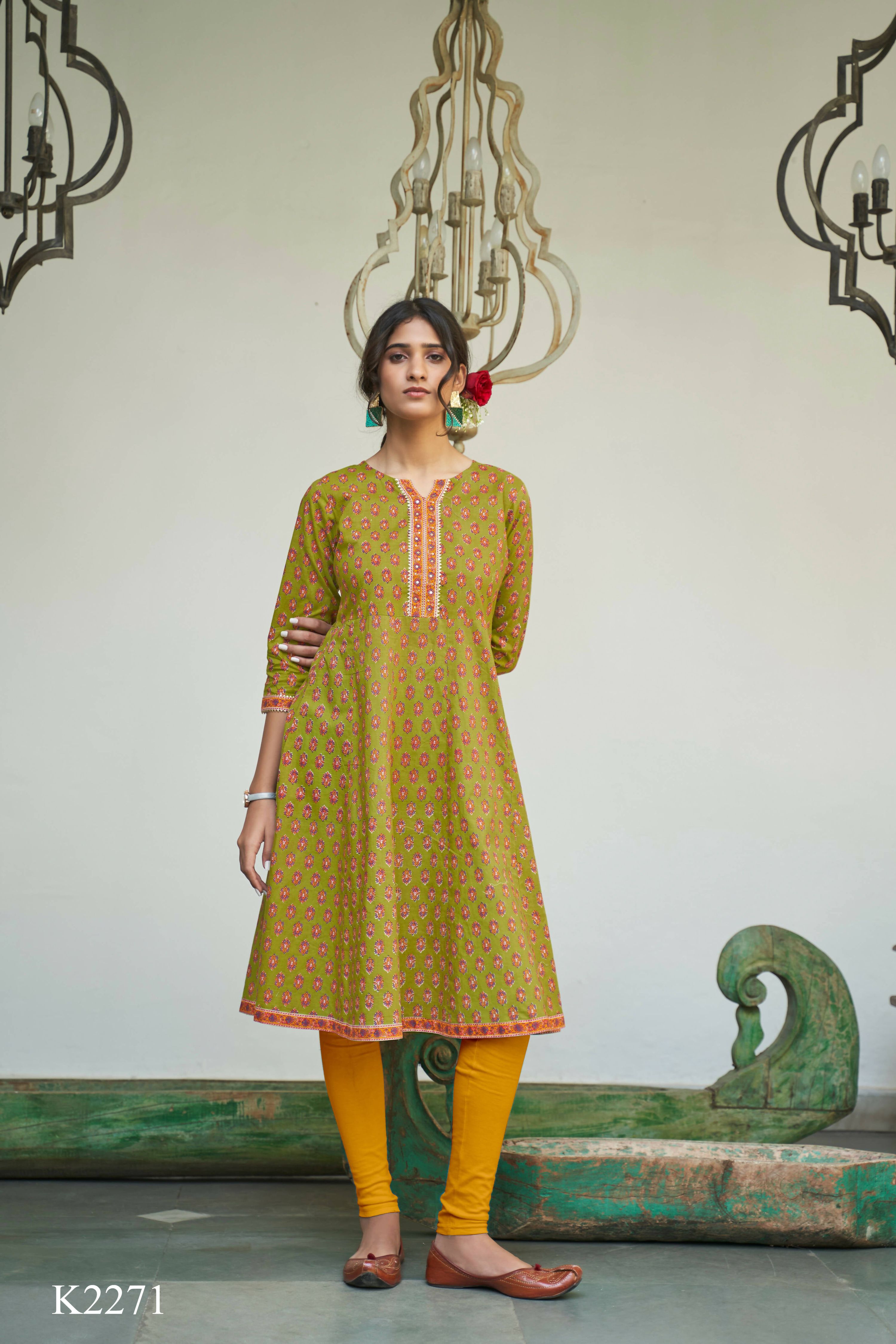 Green Cotton Floral Printed A line Kurta - Prasuti