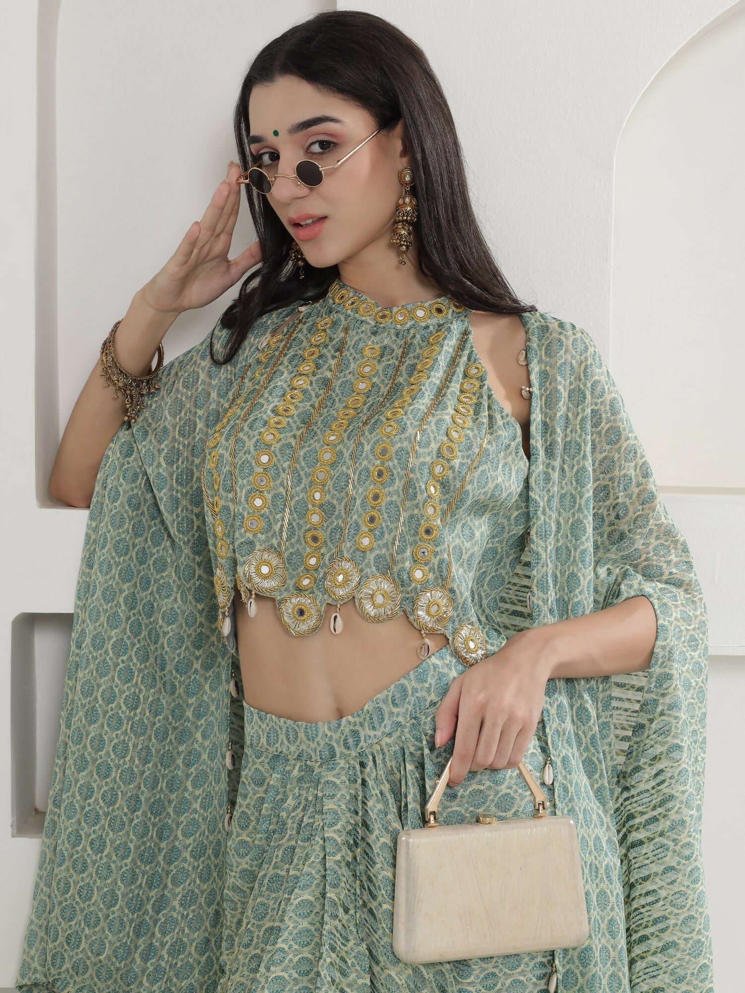 Joban Fashion Green Georgette Cape Inner And Shirt Set