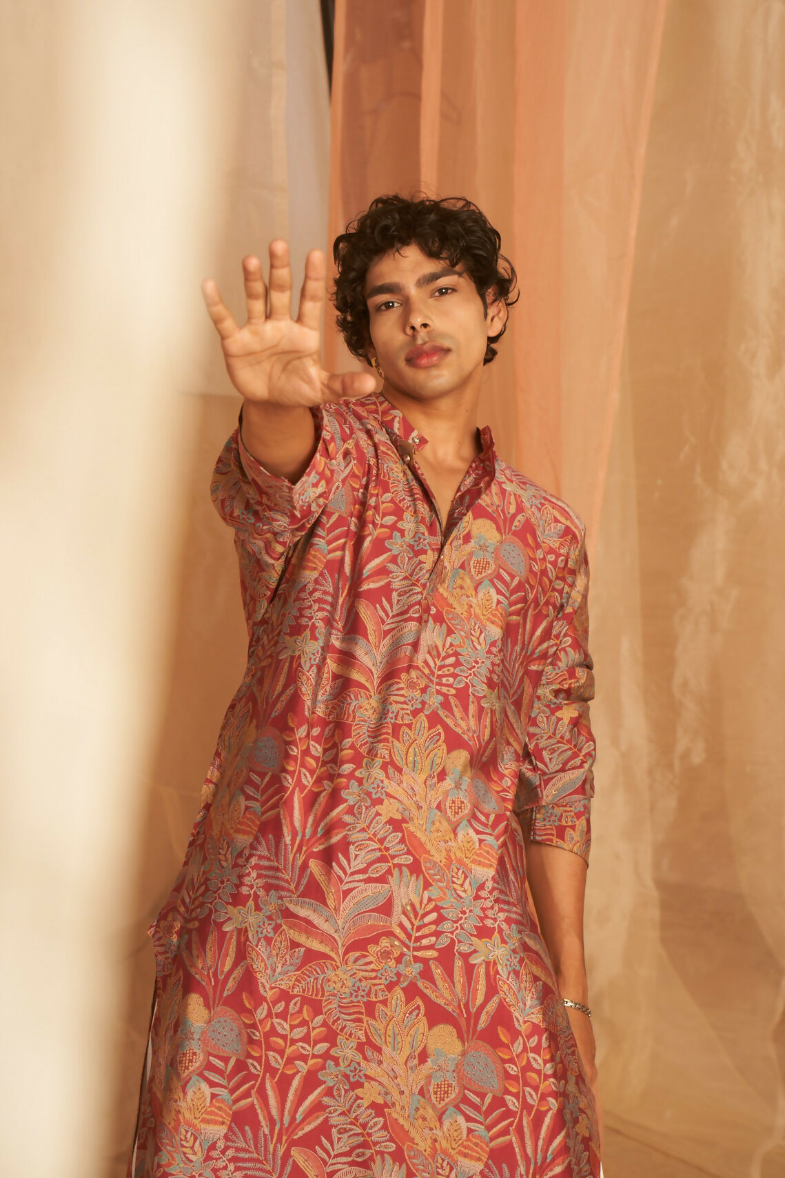 Pink Modal Silk Designer Printed Men's Kurta Set - Mahotsav
