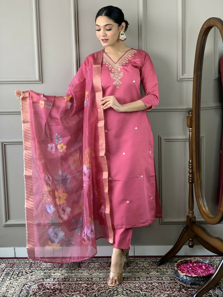 Light Pink Viscose chanderi Stitched Suit With Dupatta - Tanisha