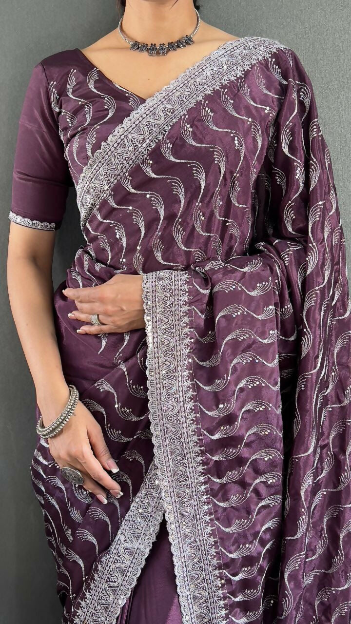 Vastranavya Purple Chinnon Silk Embroidery Multi Sequence & Arco Cut Work Ready to Wear Saree