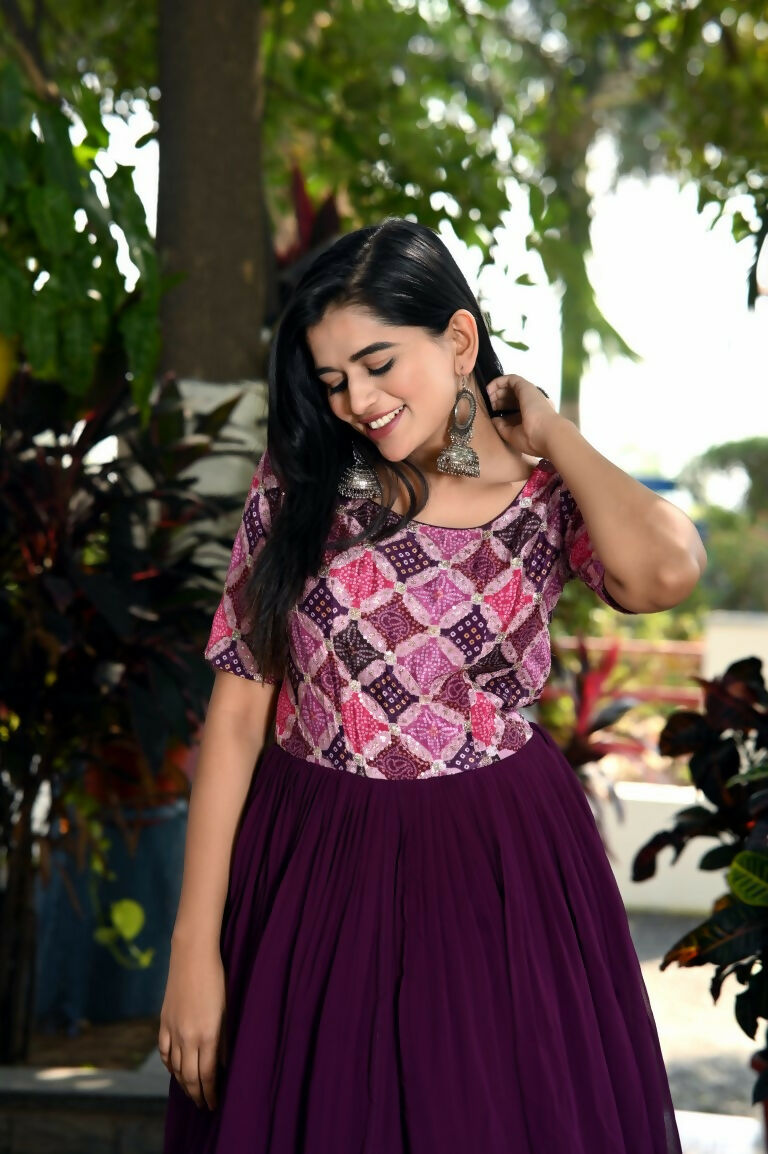 Jyoti Fashion Women's Wine Printed with Sequins Faux Blooming Anarkali Dress