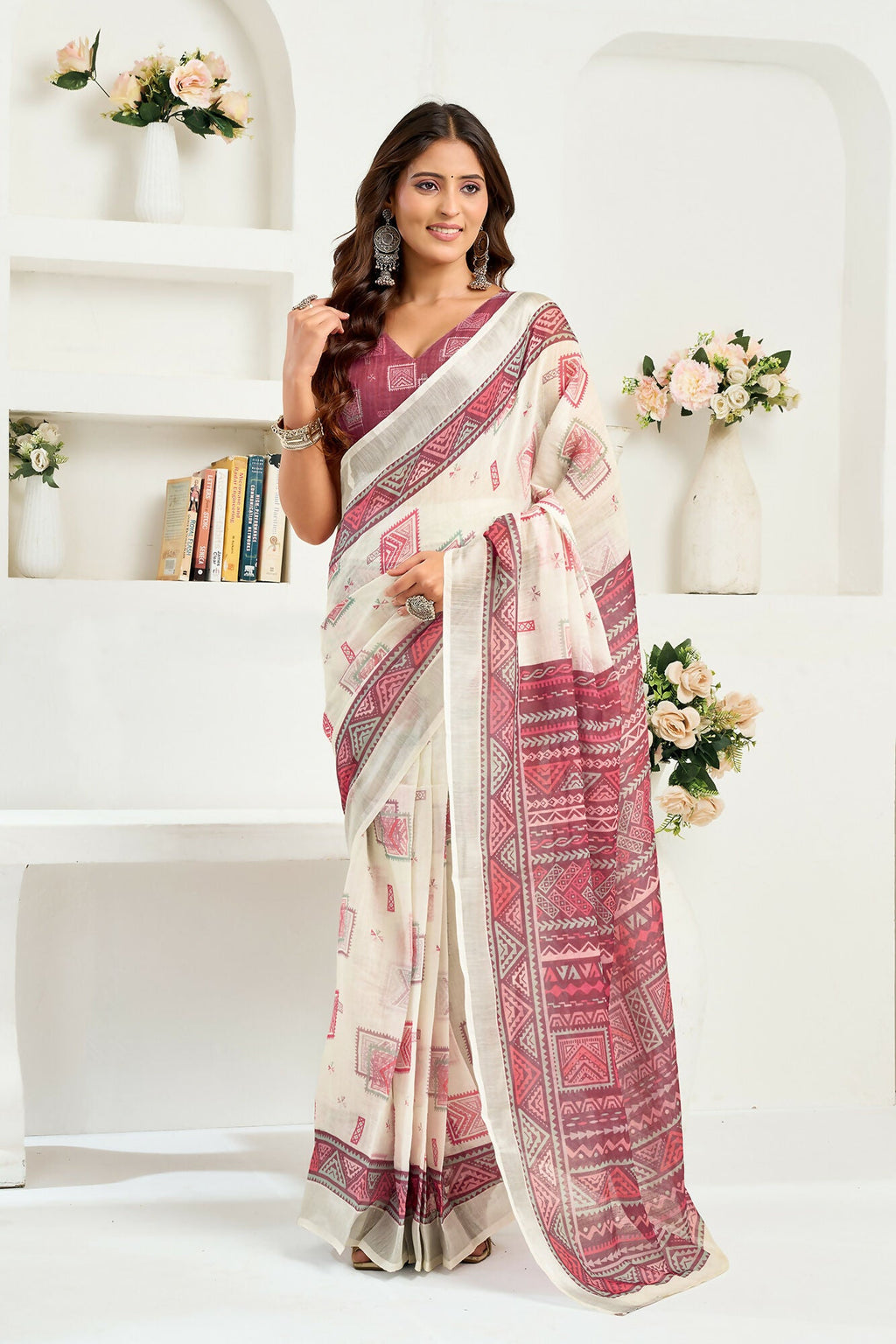 Vastranavya White Maroon Digital Printed Linen Ready To Wear Designer Saree with Unstitched Blouse