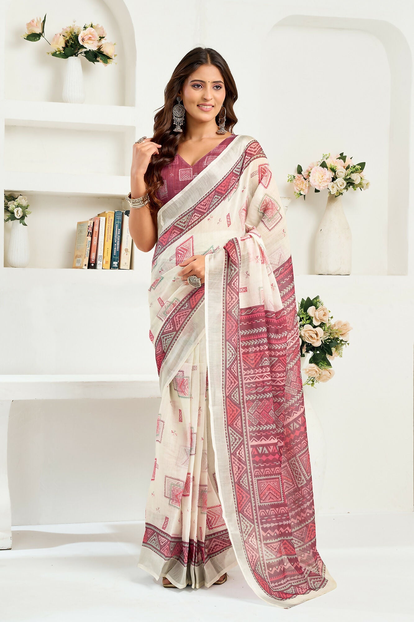 Vastranavya White Maroon Digital Printed Linen Ready To Wear Designer Saree with Unstitched Blouse