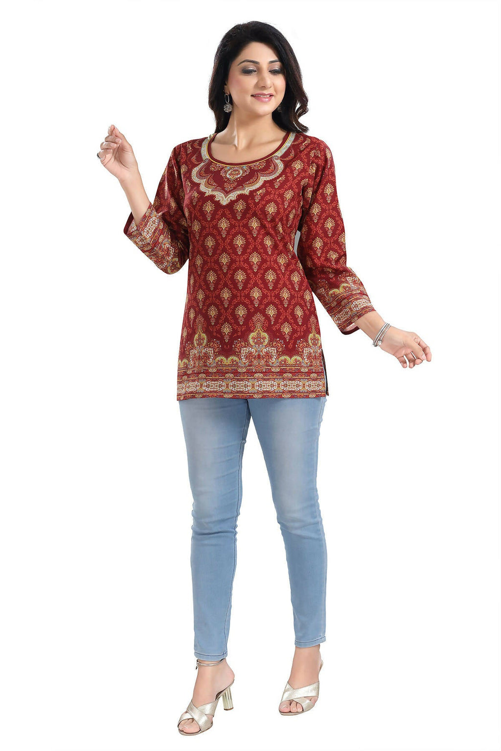 Snehal Creations Magical Maroon Printed Short Kurti Tunic Top