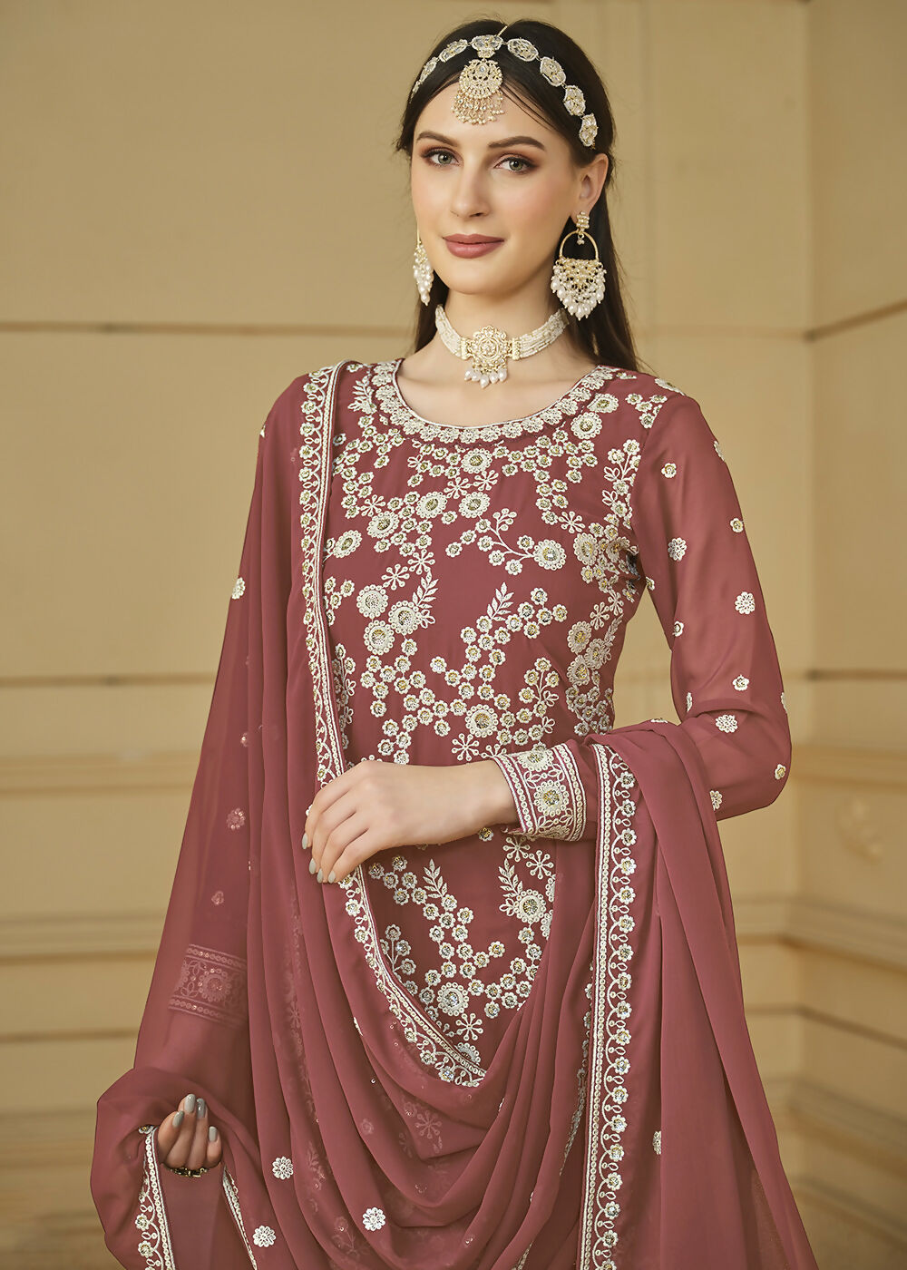 Rust Brown Embroidered Georgette Gharara Style Suit - Emponline