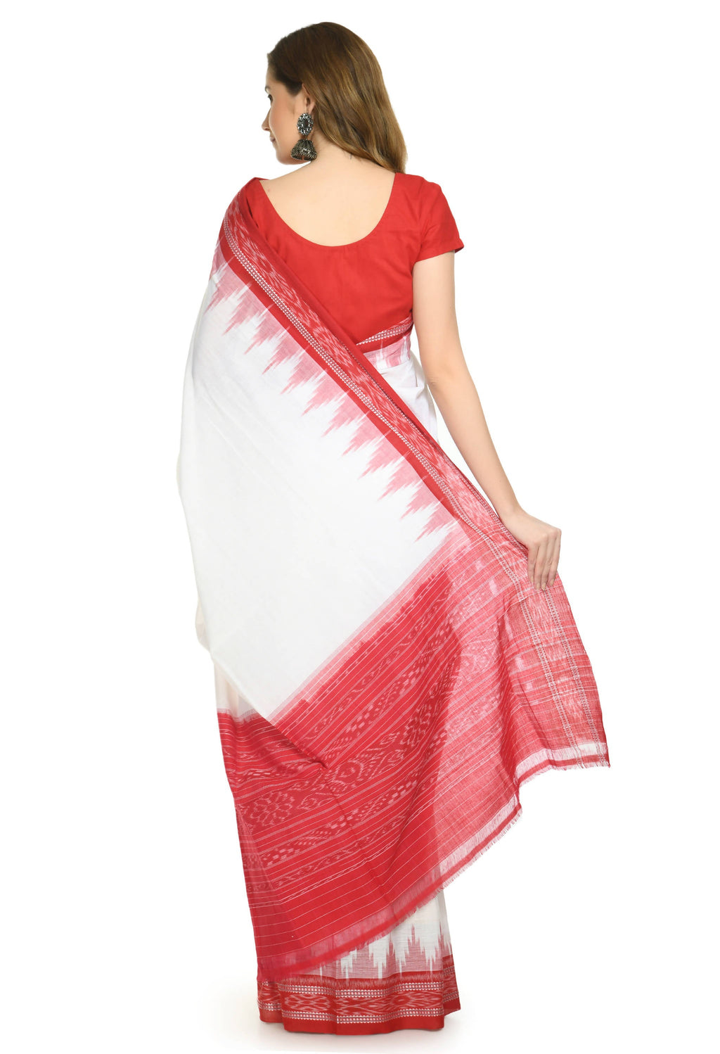 Vamika Sambalpuri Ikat Cotton Plane Kumbha White & Red Saree