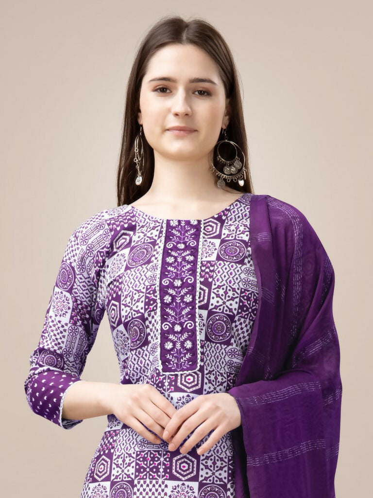 Jyoti Fashion Women's Purple Rayon Print with Embroidery & Fancy Lace Work Kurta with Trouser & Dupatta