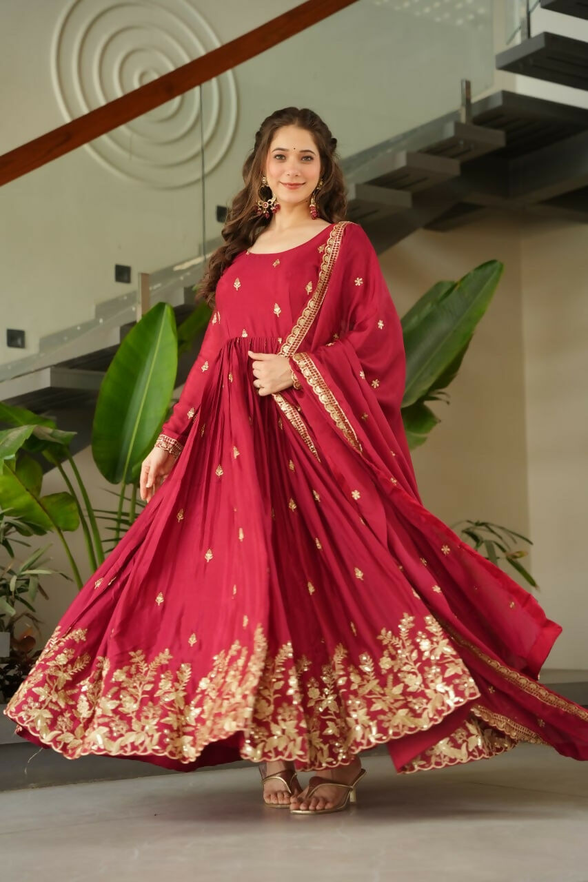 Teeya Creation Maroon Color Chinon Silk Party Wear Long Gown