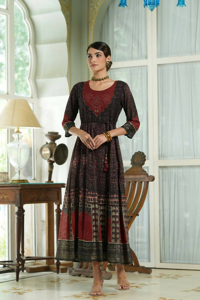 Juniper Black Georgette Festive Printed Anarkali Flared Anarkali Kurta For Women