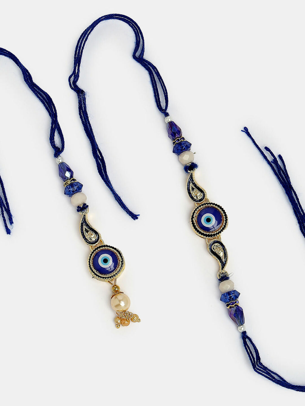 NVR Women & Men Set of 2 Blue Evil Eye Beaded Bhaiya Bhabhi Rakhi With Roli Chawal