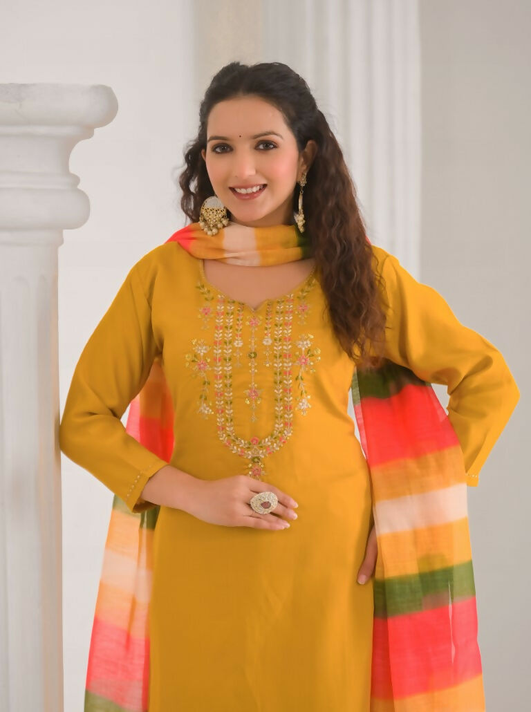 Ethnic Festive Wear Viscose Chanderi Yellow Stitched Suit With Dupatta - Tanisha