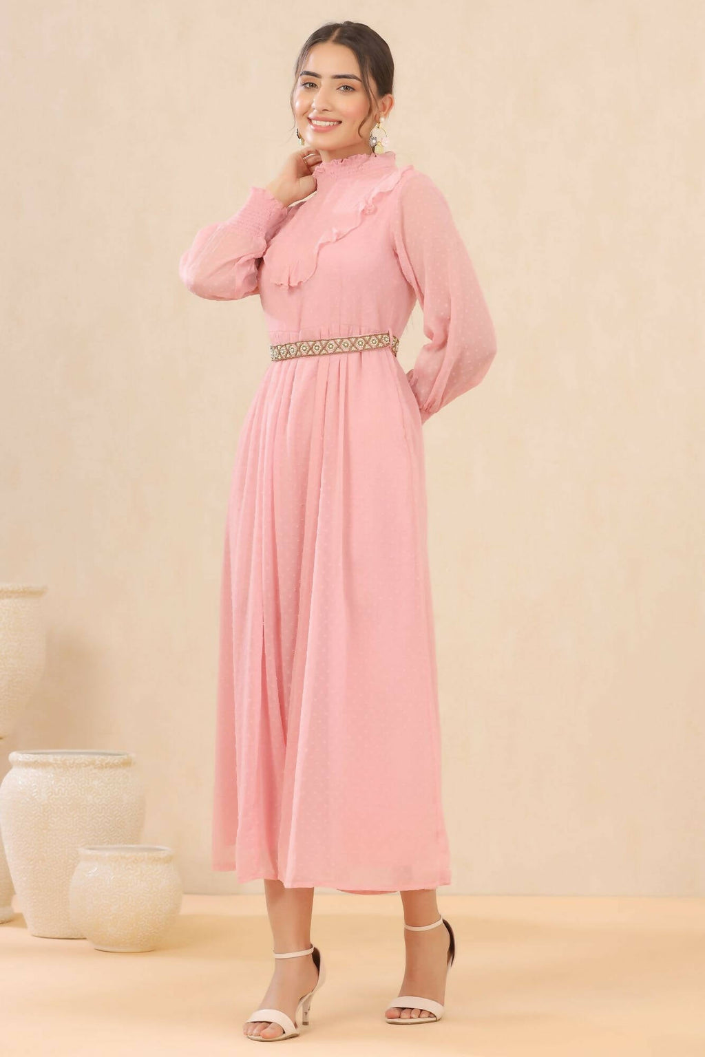 Juniper Women Pink Chiffon Woven Design Flared Dress