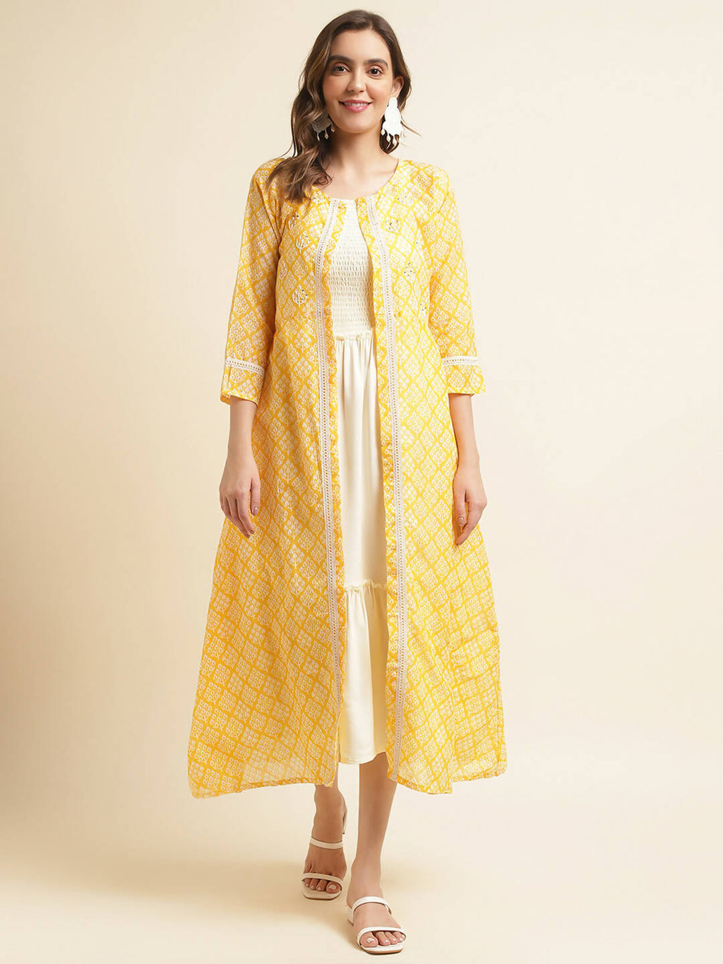 White Cotton Solid Flared Dress with Printed Shrug - Yukti