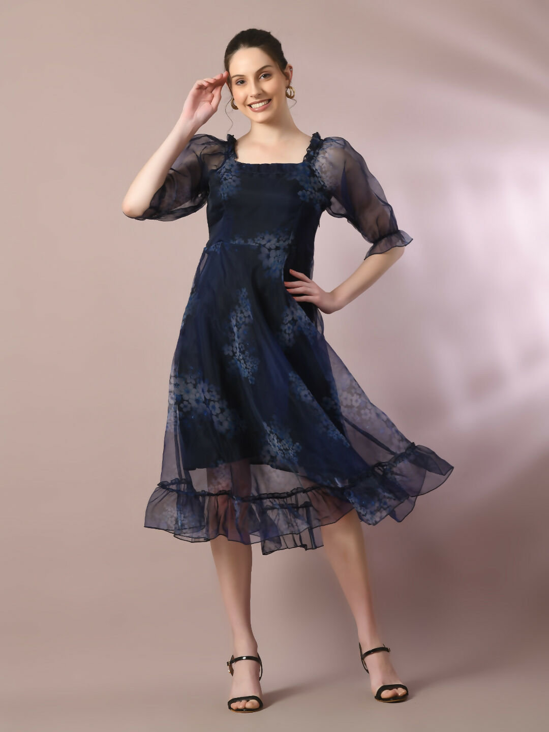 Myshka Women's Navy Blue Printed Square Neck Fit and Flare Party Dress