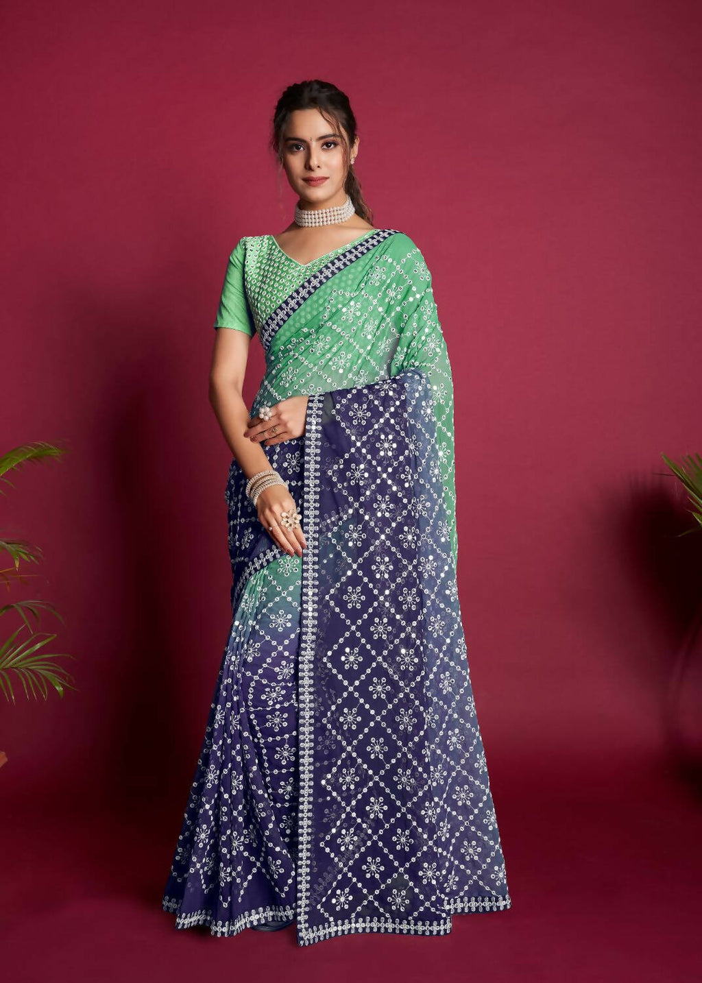 Vamsee Green And Blue Georgette Designer Saree