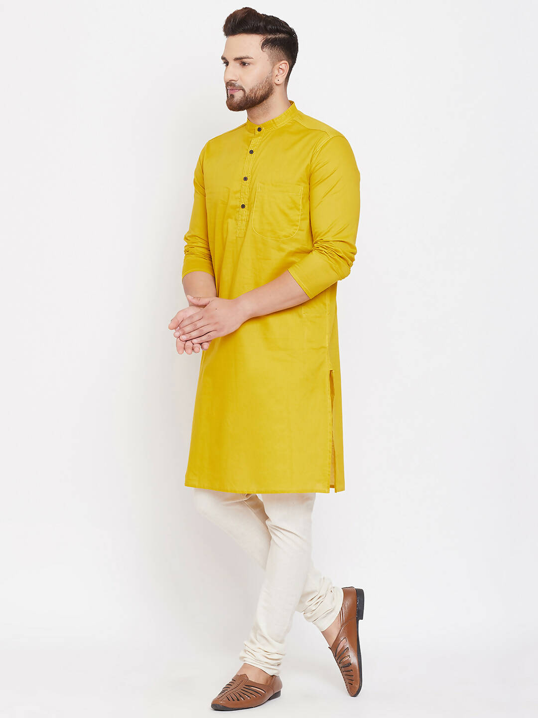 Even Apparels Pure Cotton Yellow Men's Kurta With Band Collar