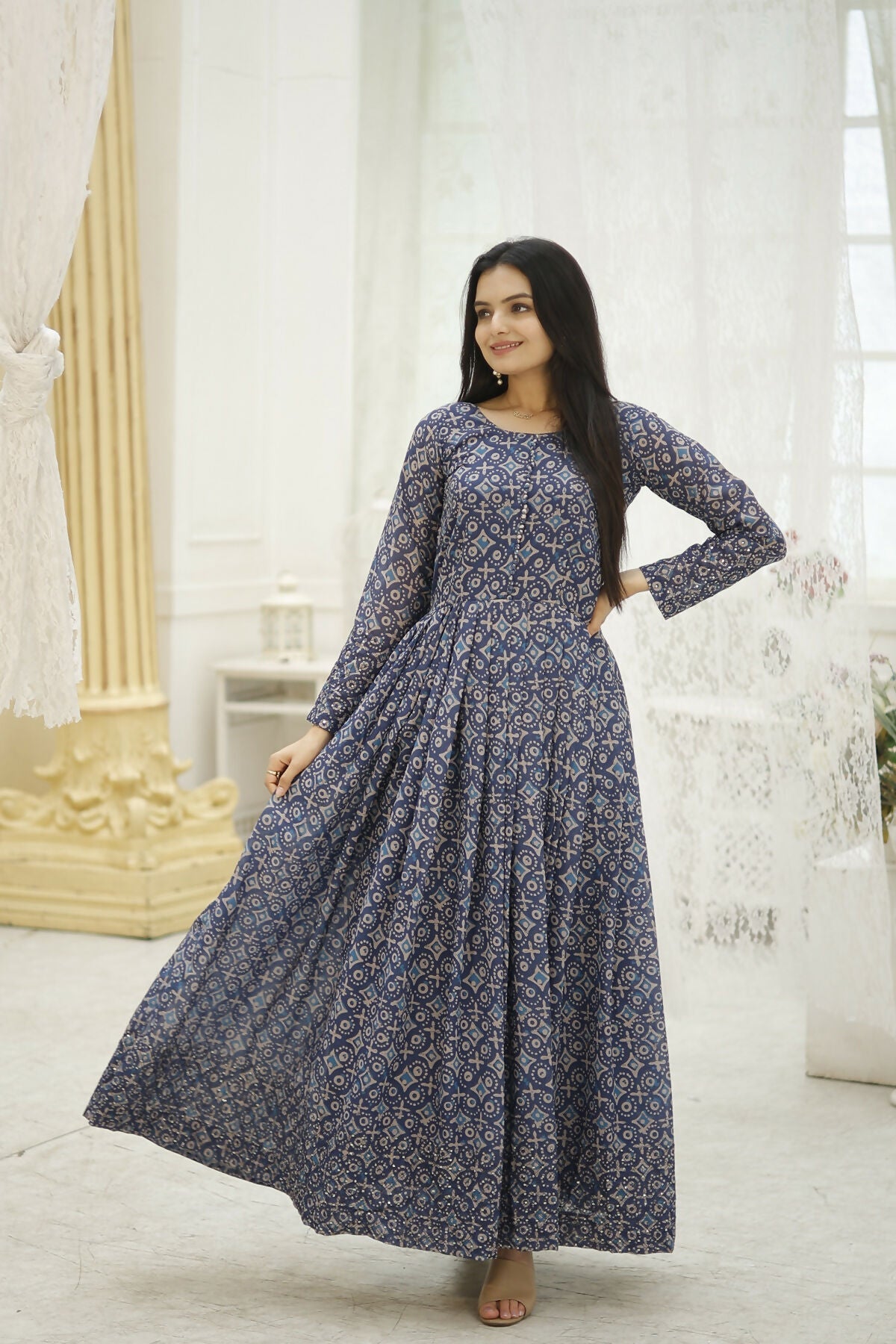 Aayaa Printed Faux Georgette with Embroidery Thread Sequins work Gown - Multi Color